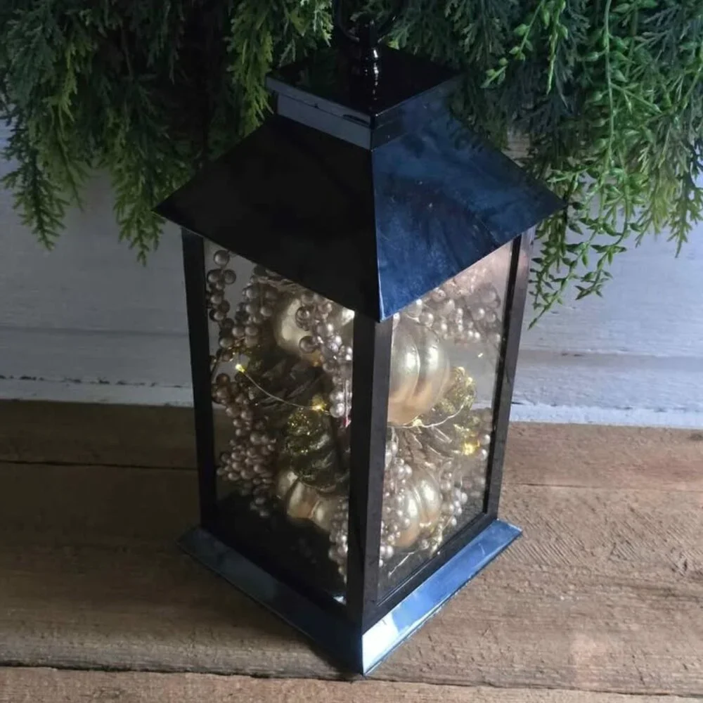 Light Up Gold Champagne Pumkin Berry Pinecone Fall Harvest Black Plastic Lantern